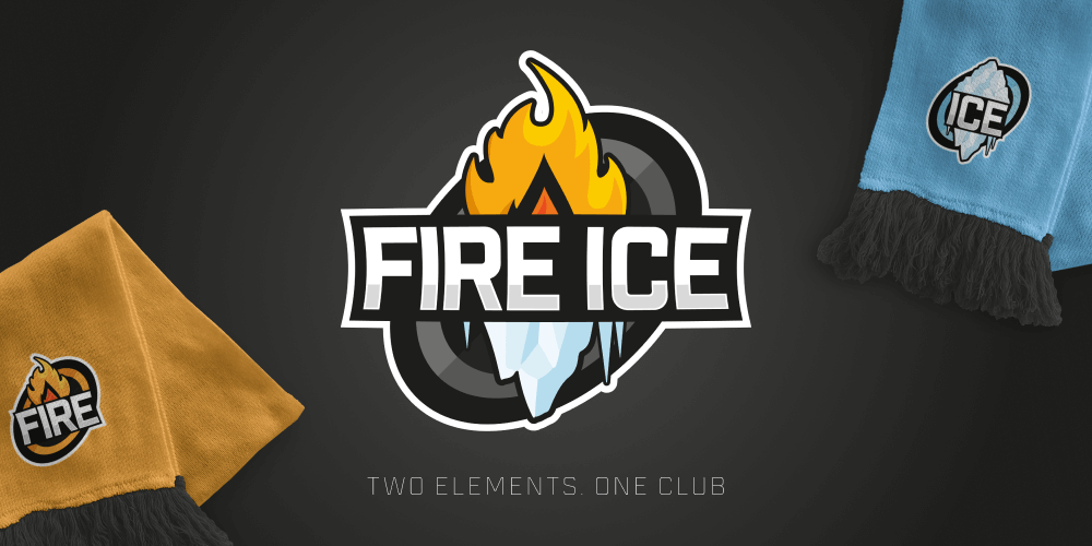 Image depicits the Fire & Ice Rugby Team logo, with branded team scarfs