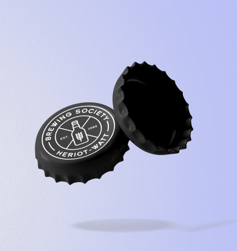 Image of 2 beer caps with the Heriot-Watt Brewing Society logo printed on the top