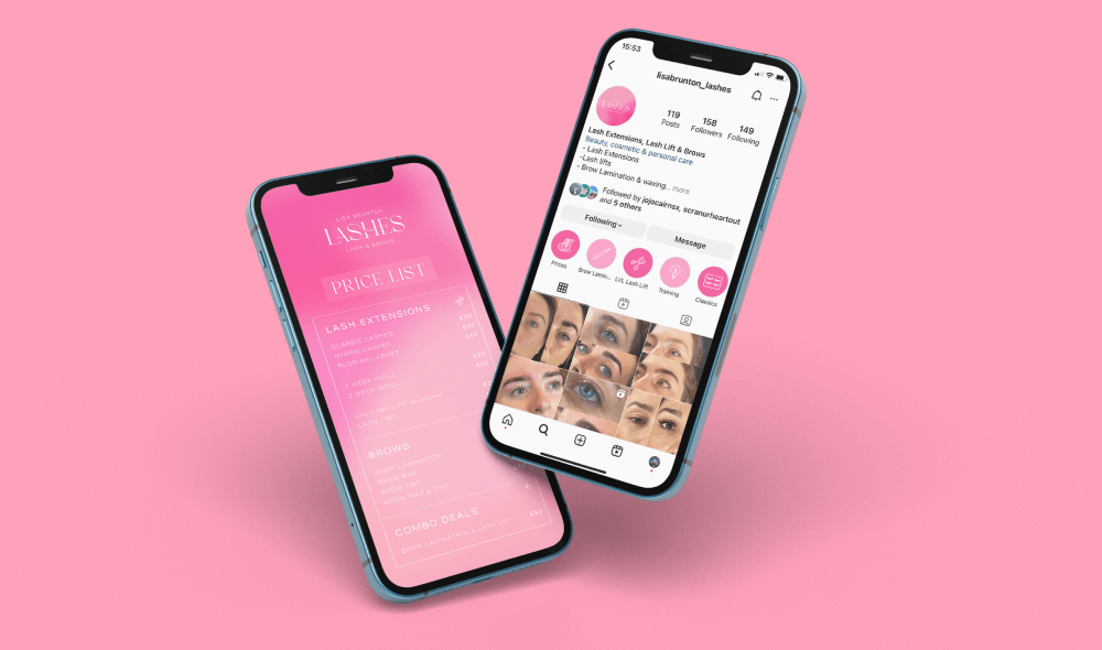 Image depicits two phones, one showing an Instagram profile or LB Lashes and the other showing a price list for their services