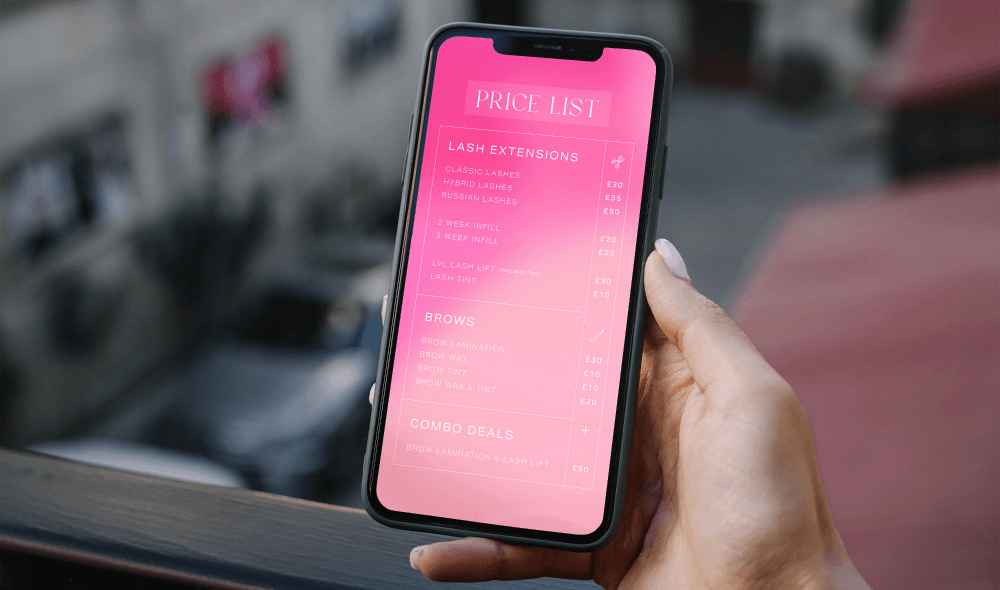 Image depicits a hand holding a phone open on the price list for a business - LB Lashes