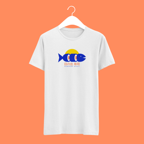 Image depicts a t-shirt with the Sunrise Sushi logo