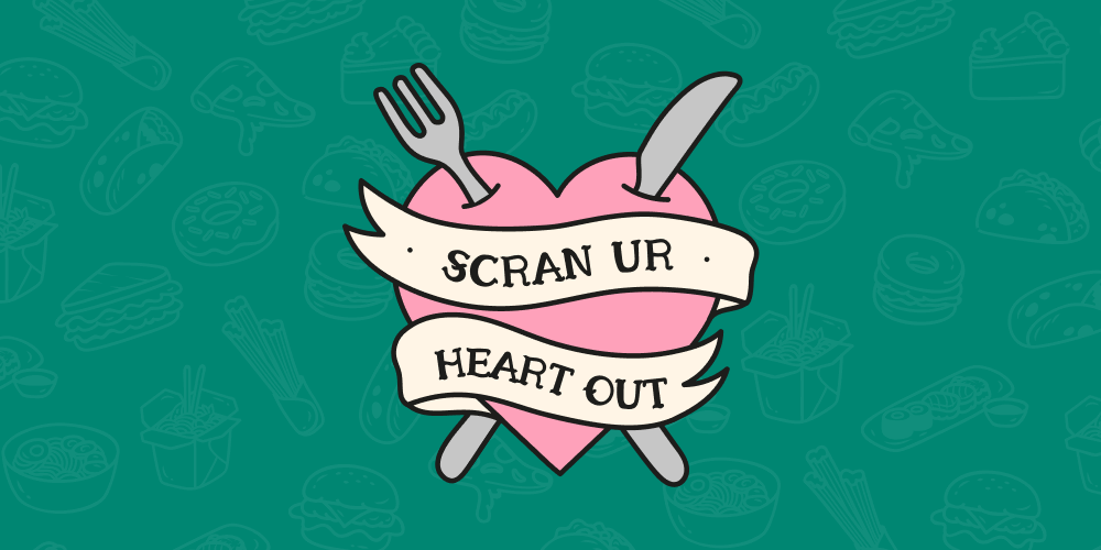 Image depicts a logo for a Instagram foodie account called Scran Ur Heart Out