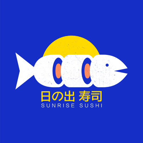 Logo for a sushi restaurant called Sunrise Sushi, the logo depicts a fish and text